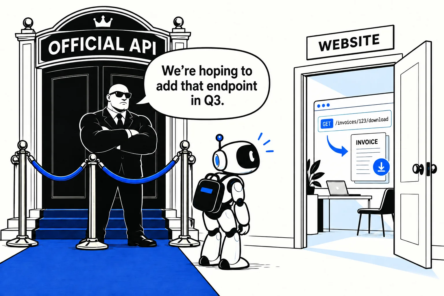 An agent waits outside an Official API entrance while a bouncer promises an endpoint in Q3. An open Website door shows the invoice request already working.